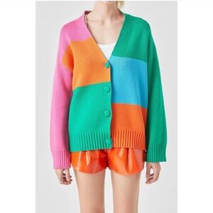 NEW GREY LAB Colorblock Cardigan in Pink, Orange, Green, Blue